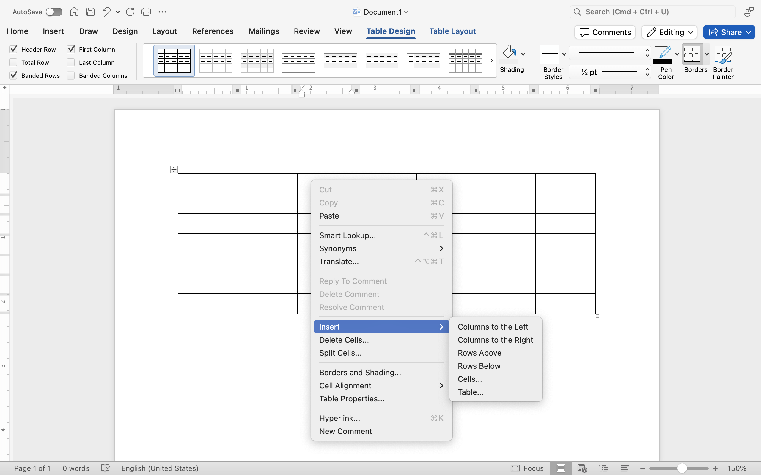 A Microsoft Word document is open with a table on it. The design tab on the ribbon menu has been selected and underneath that a new dropdown menu has bee opened. The option to insert has been selected opening up a new dropdown menu with 5 options on how to insert a table available.