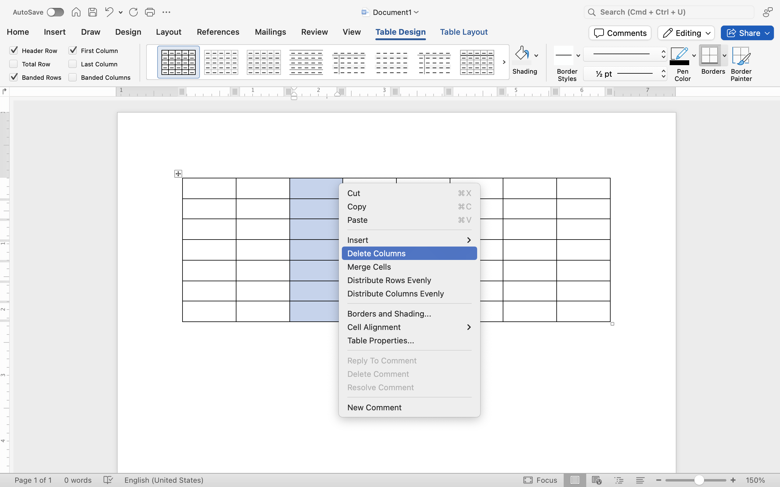 A Microsoft Word document is open with a table on it. One column has been highlighted in gray and a new dropdown menu is open. The option to delete parts of the table is now available.