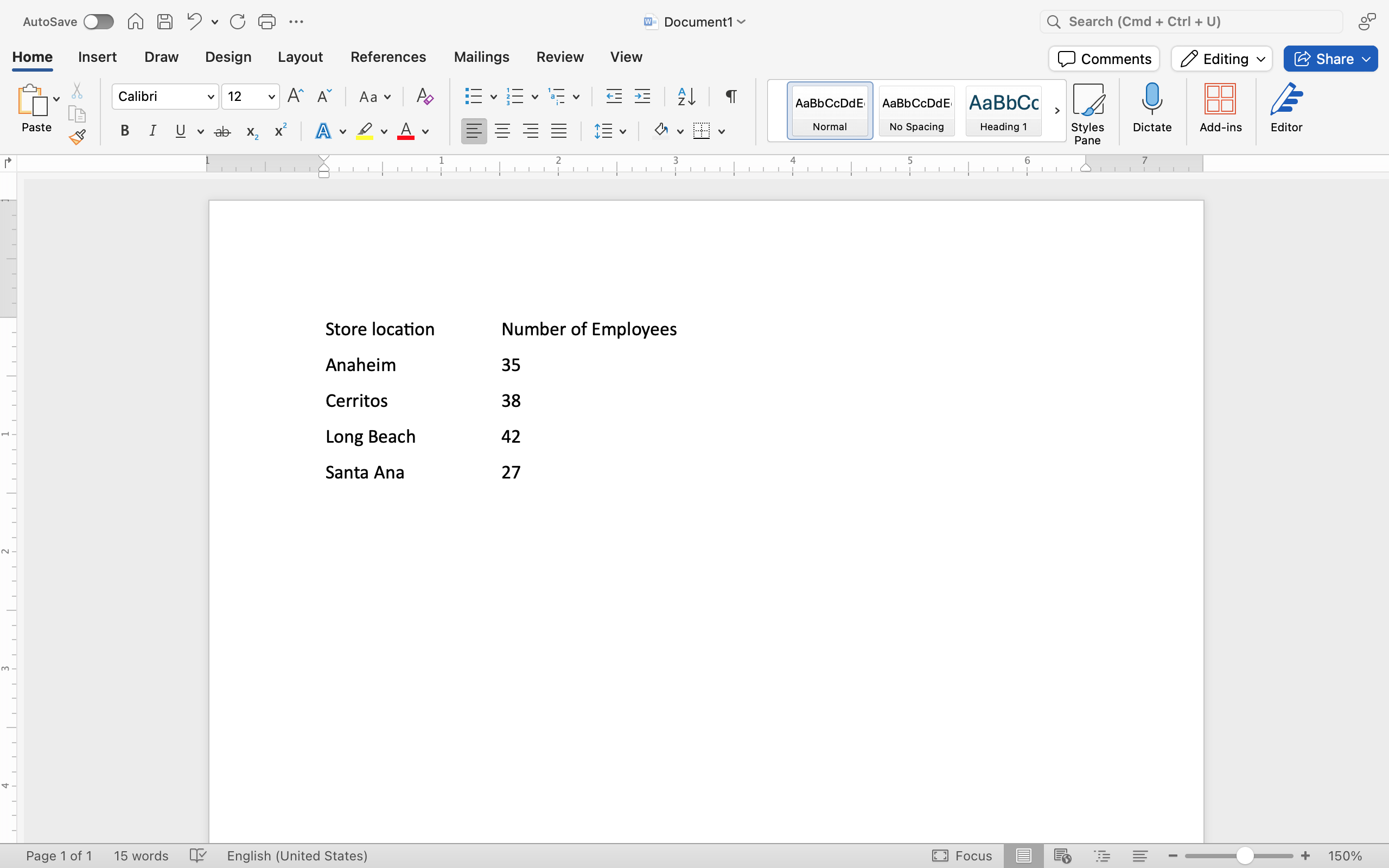 A Microsoft Word document is open with 5 lines of text visible.