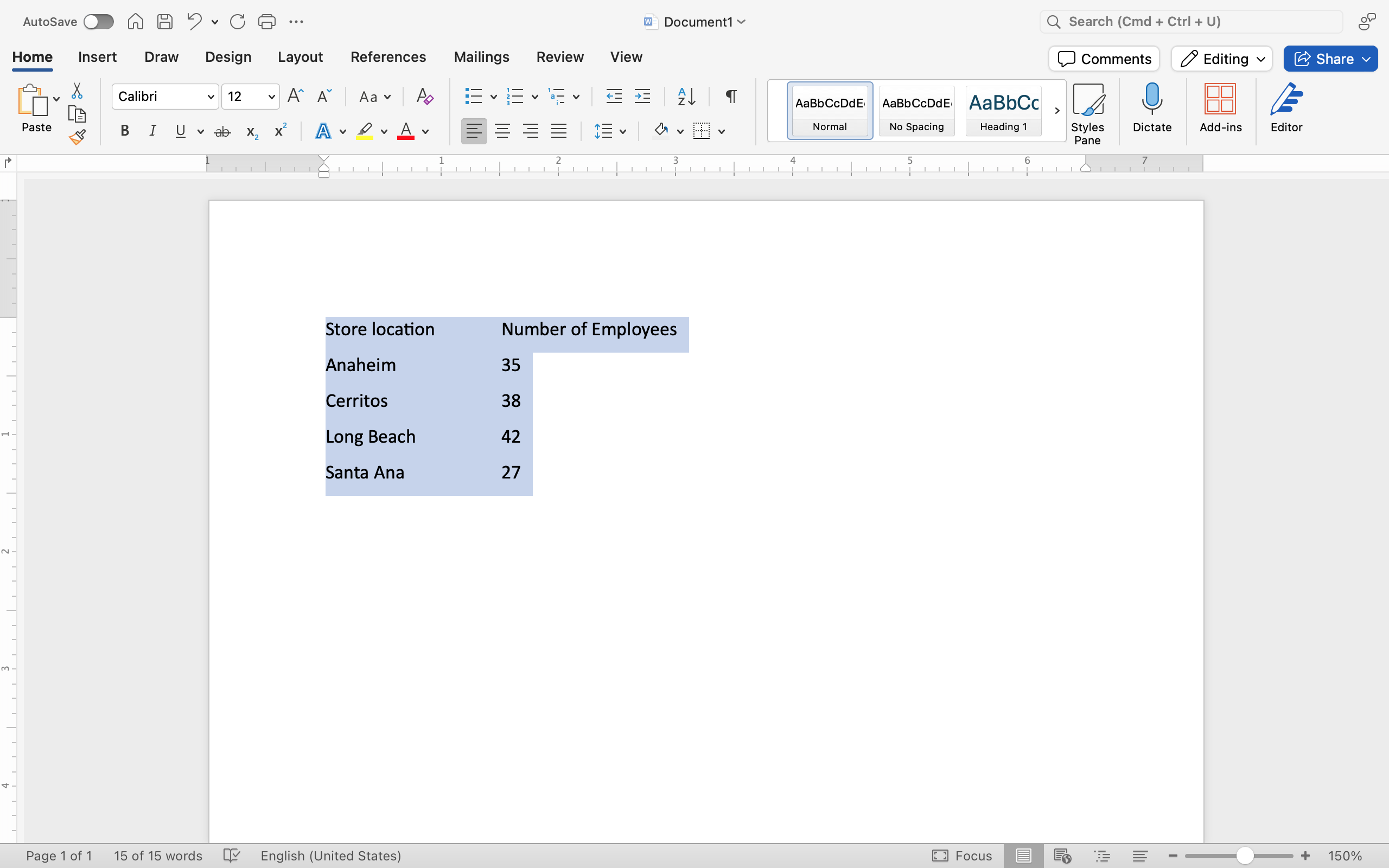 A Microsoft Word document is open with 5 lines of text visible. All five lines have been highlighted in gray showing they have been selected.