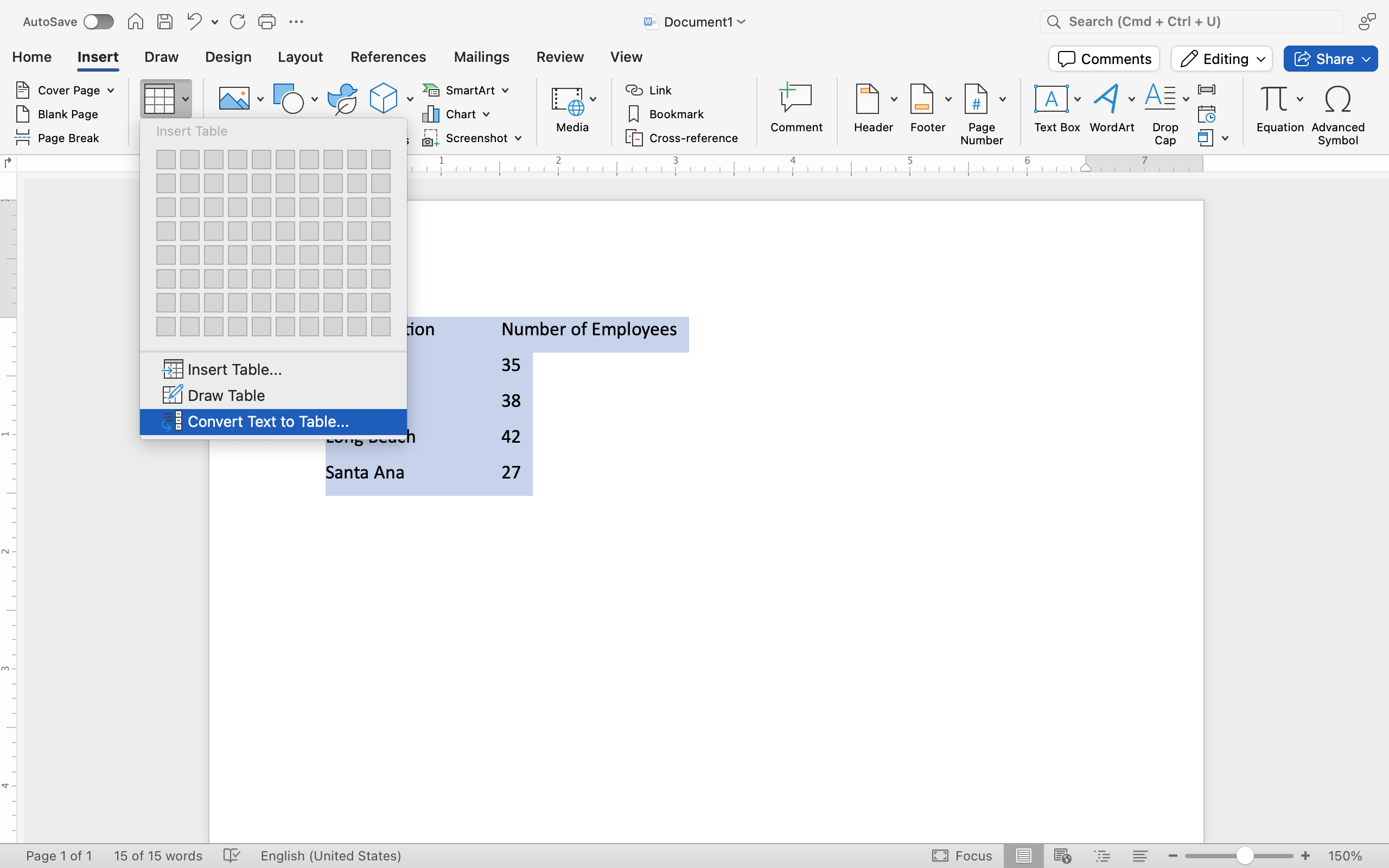 A Microsoft Word document is open with 5 lines of text visible. All five lines have been highlighted in gray showing they have been selected. A new dropdown menu is coming down from the table tab allowing to select the height and width of the new table that is being created.
