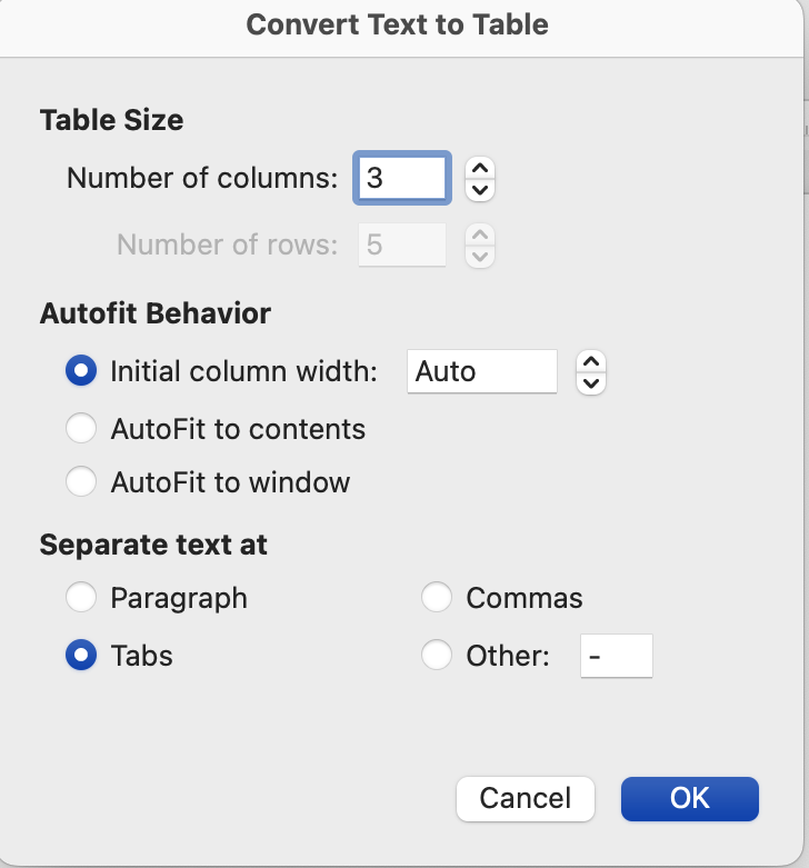 A convert text to table dialog box is open.