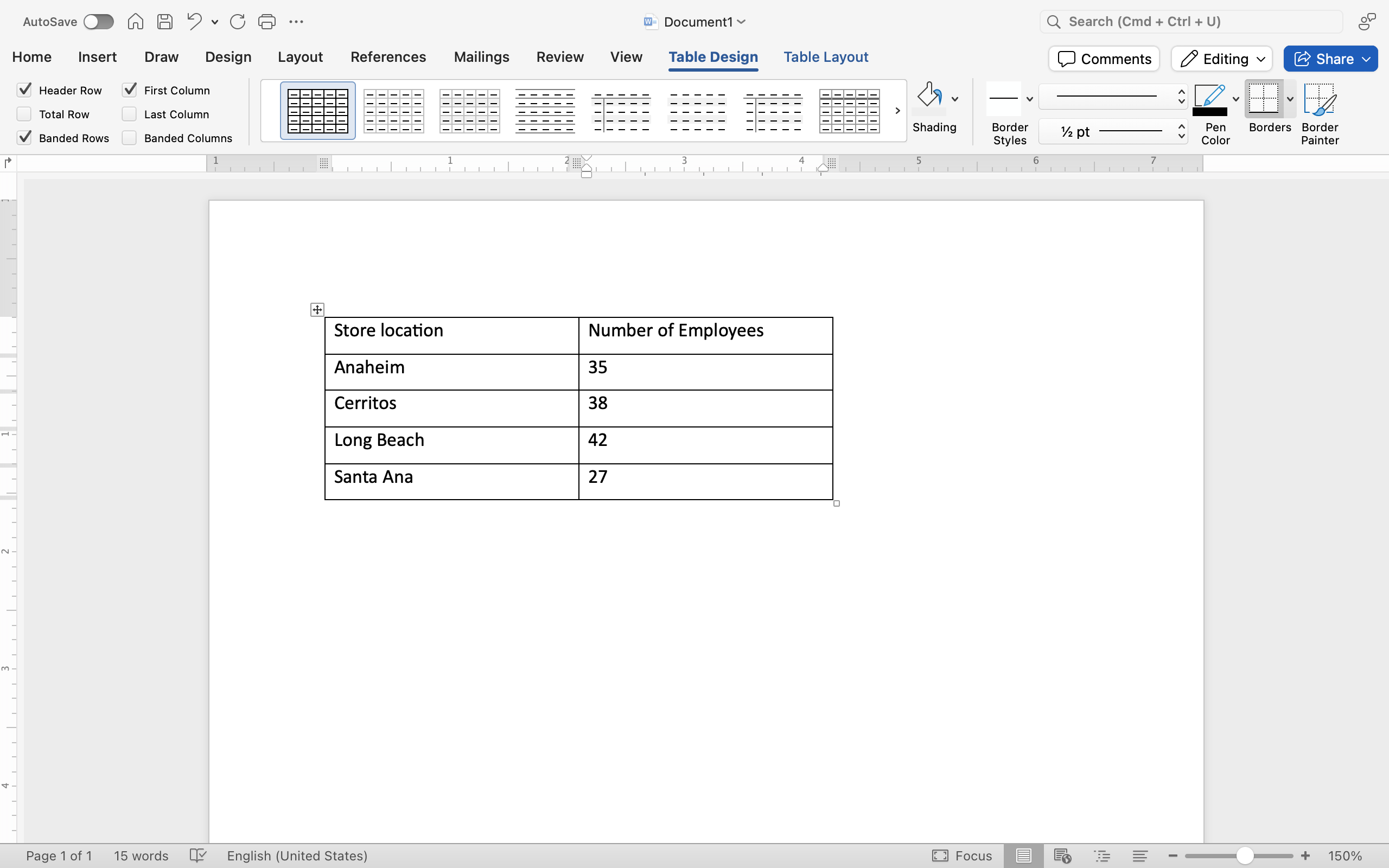 A Microsoft Word document is open with a table on it. The table has five different rows and two individual columns.