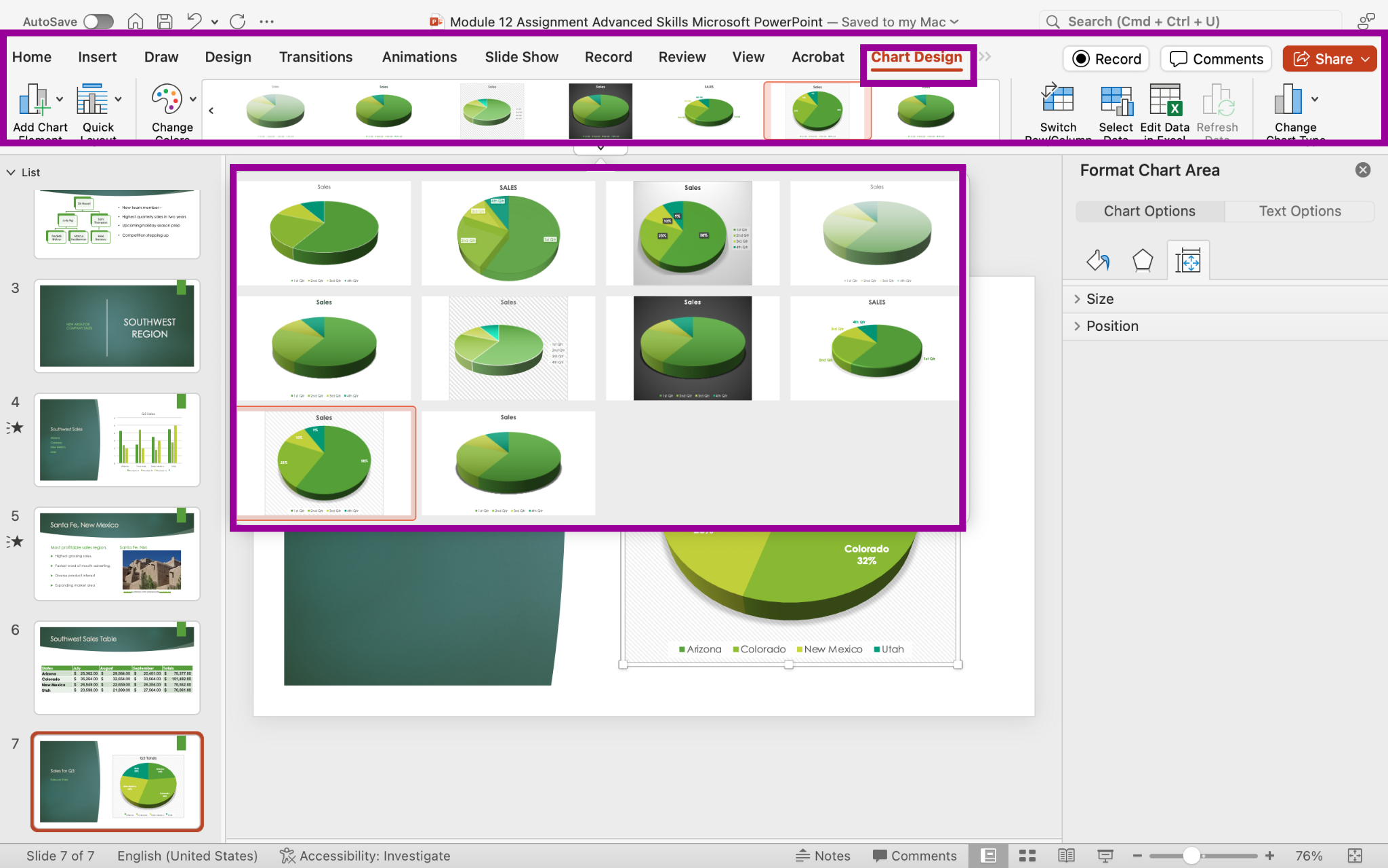 PowerPoint presentation screenshot of pie chart and modification buttons to the right to change style and color of chart.