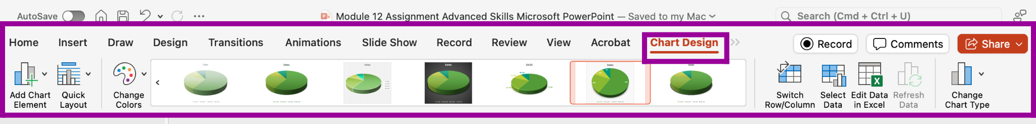 PowerPoint presentation screenshot of Chart Design tab tools in ribbon.