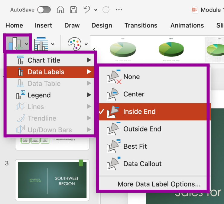 PowerPoint presentation screenshot of add chart element, data label options menu.