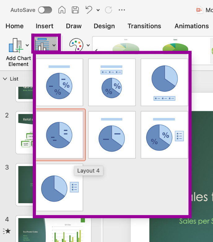 PowerPoint presentation screenshot of quick layout options menu.