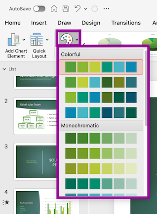 PowerPoint presentation screenshot of change colors for a chart.