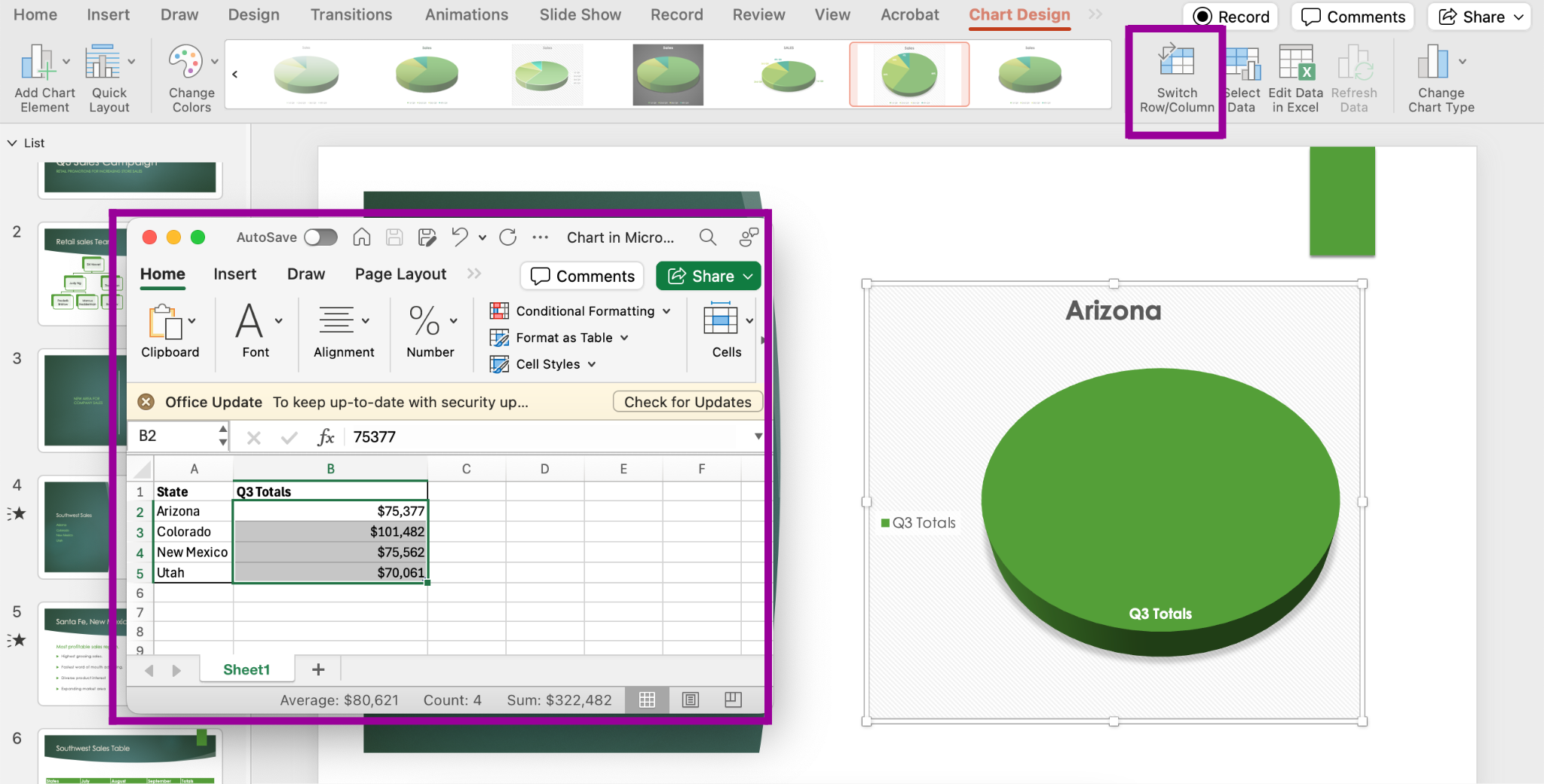 PowerPoint presentation screenshot of Chart Design tab, switch row/column button for a chart's data.