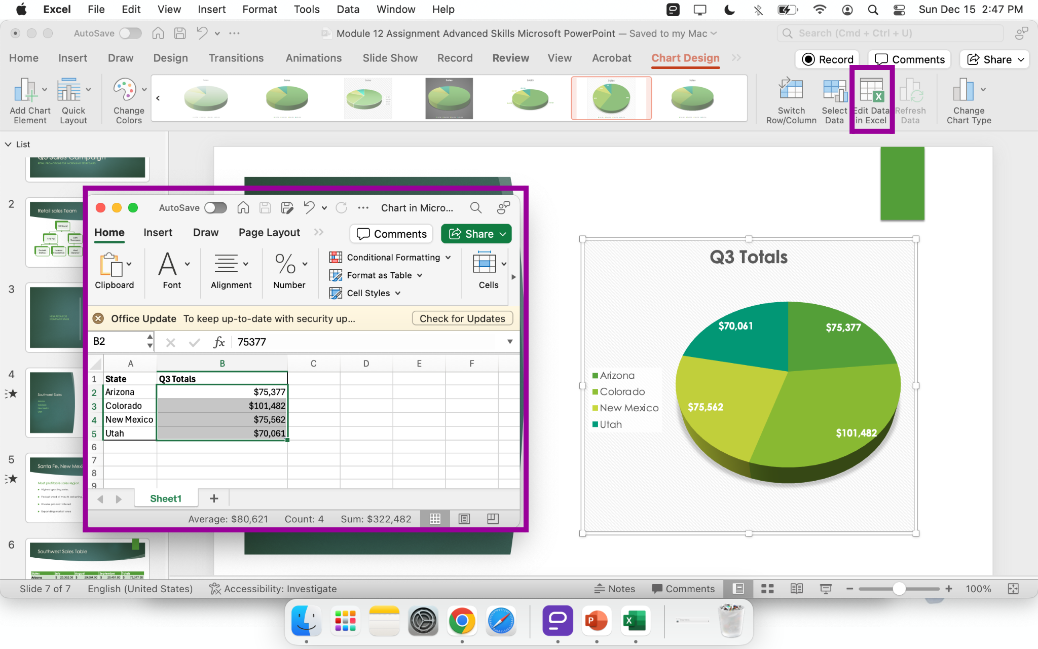 PowerPoint presentation screenshot of Chart Design tab, edit data button for chart's regular table data.
