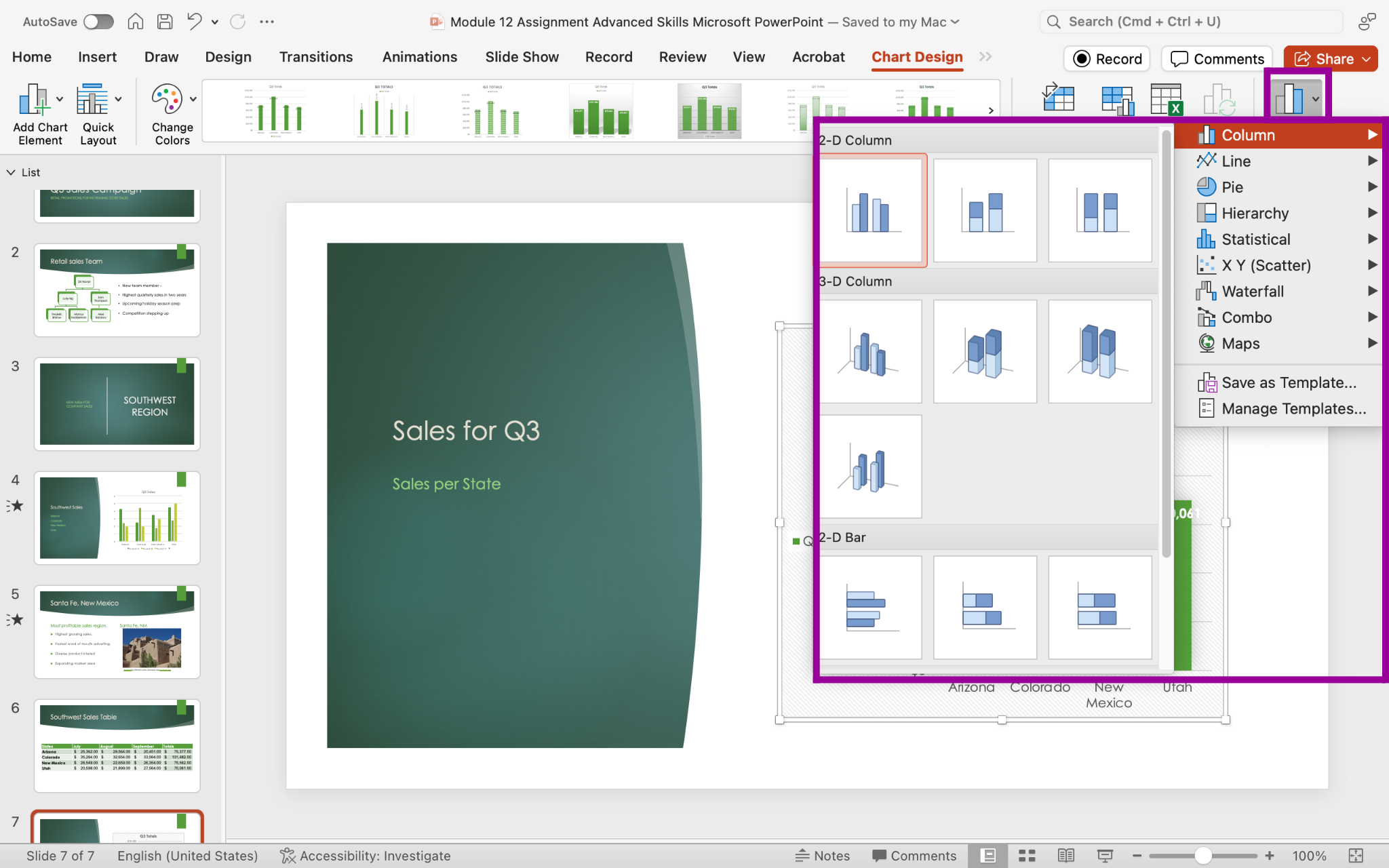 PowerPoint presentation screenshot of Chart Design tab, Change Chart Type button, dialog box menu options.