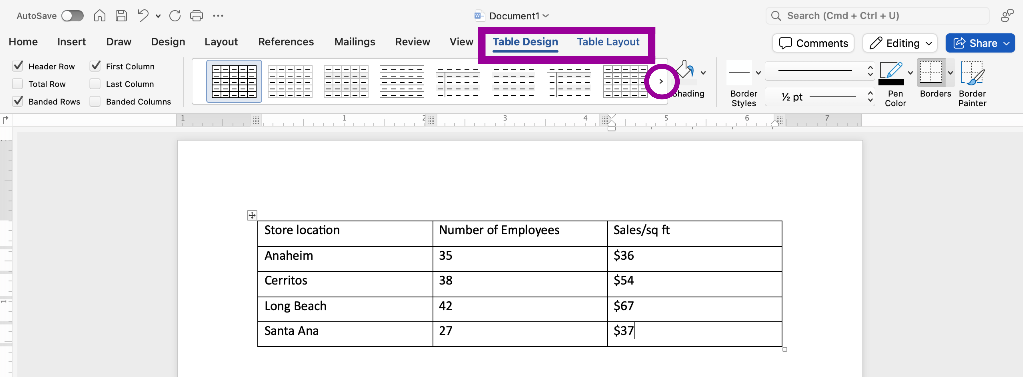 A Microsoft Word document is open with a table on it. The table has five different rows and two individual columns. A magenta rectangle surrounds the "Design" and "Layout" tabs on the ribbon menu.