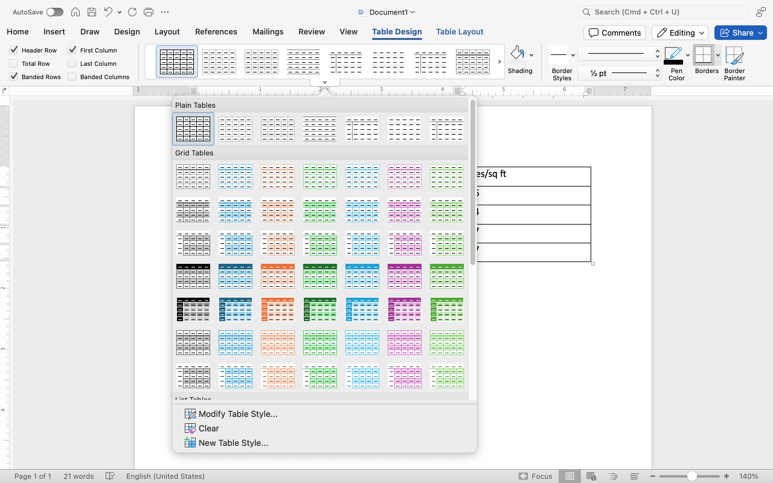 A Microsoft Word document is open with a table on it. The table has five different rows and two individual columns. The option to change the table to an orange grid table has been selected.