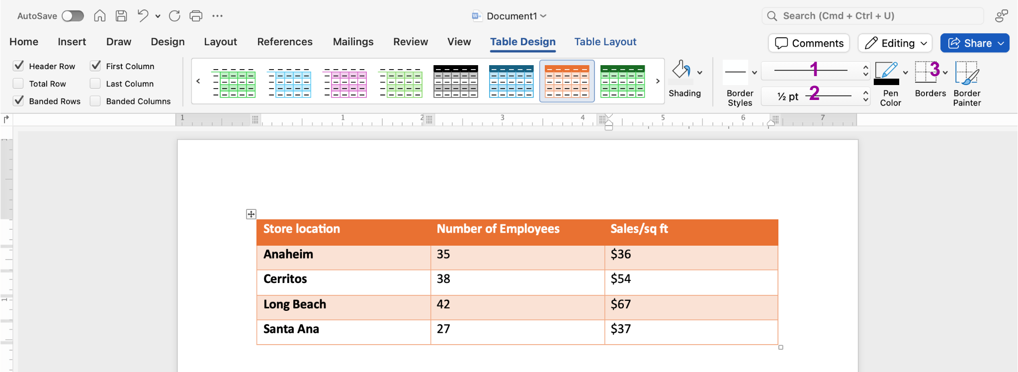 A Microsoft Word document is open with a table on it. The table has five different rows and two individual columns. The option to change the table to an orange grid table has been selected. There are 3 magenta numbers. The first one represents how to change the type of border. The second changes the width or thickness of the border. The third controls which side or sides of the cell the border appears on.