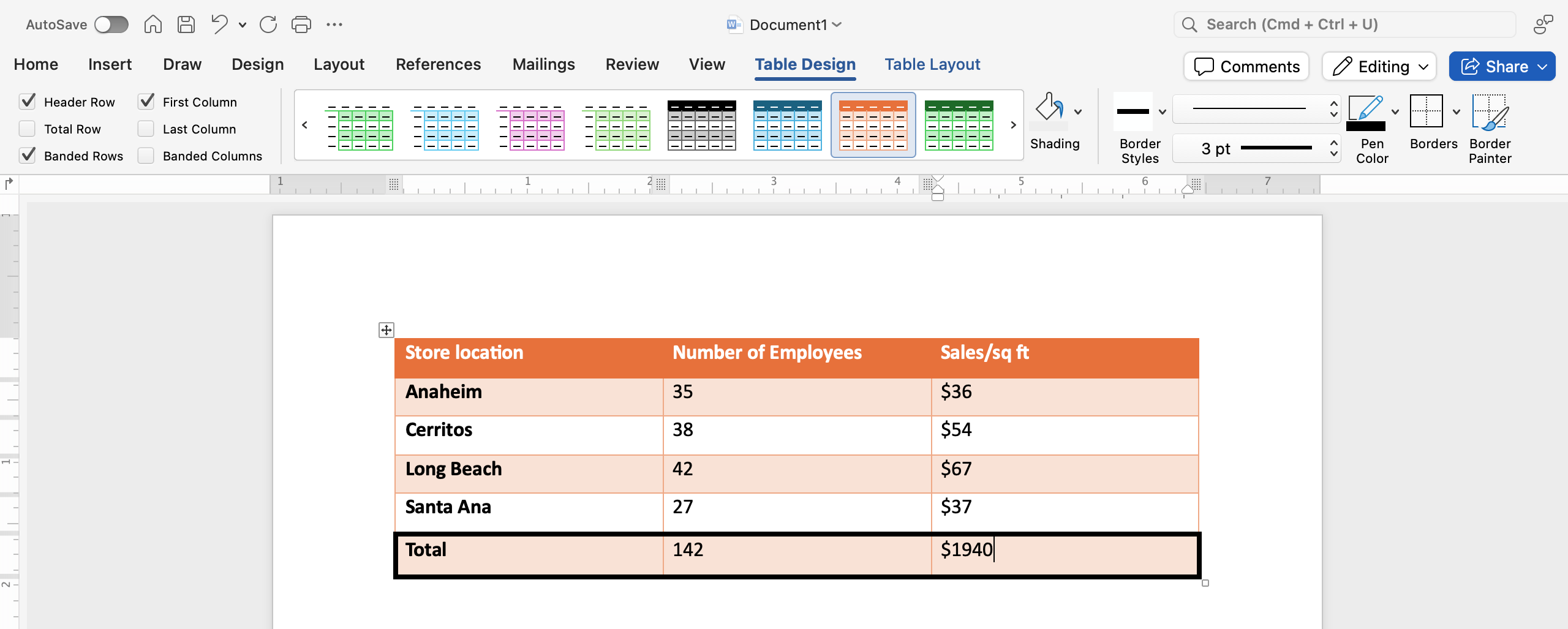 A Microsoft Word document is open with a table on it. The table has five different rows and two individual columns. The outer borders of the bottom row have been changed to have a thickness of 3pt.