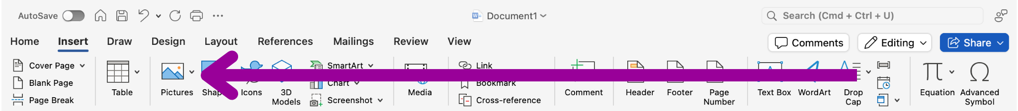 A Microsoft Word document has been opened and it is zoomed in on the ribbon menu. There is a large magenta arrow pointing to the pictures option underneath the "Insert" tab.