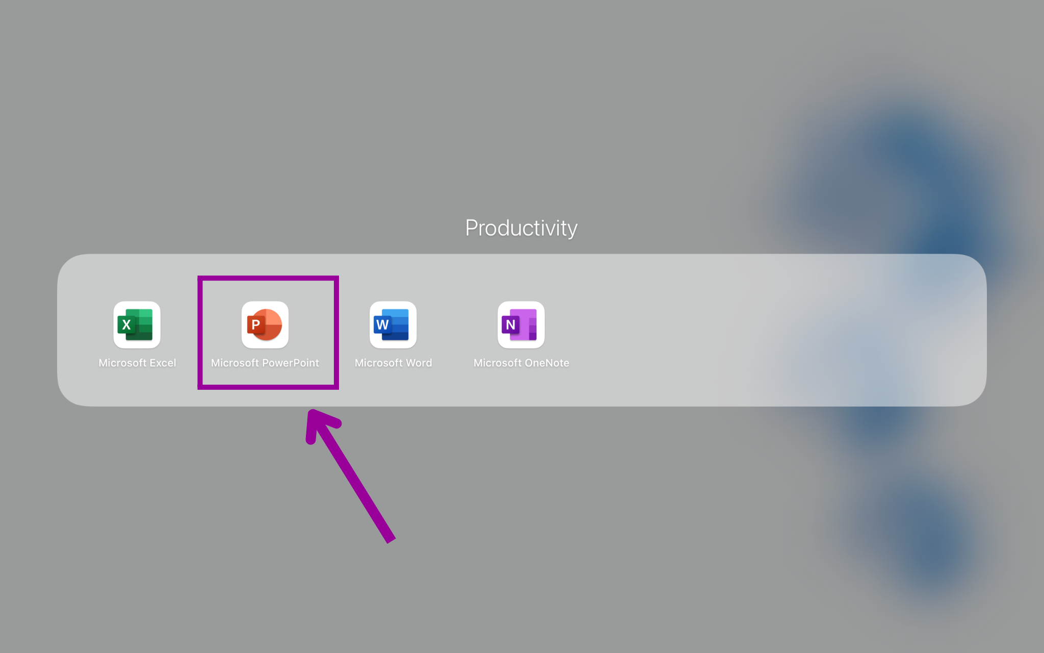 A Microsoft desktop is displayed with the menu open. There is a magenta arrow pointing at where to access Microsoft Powerpoint.