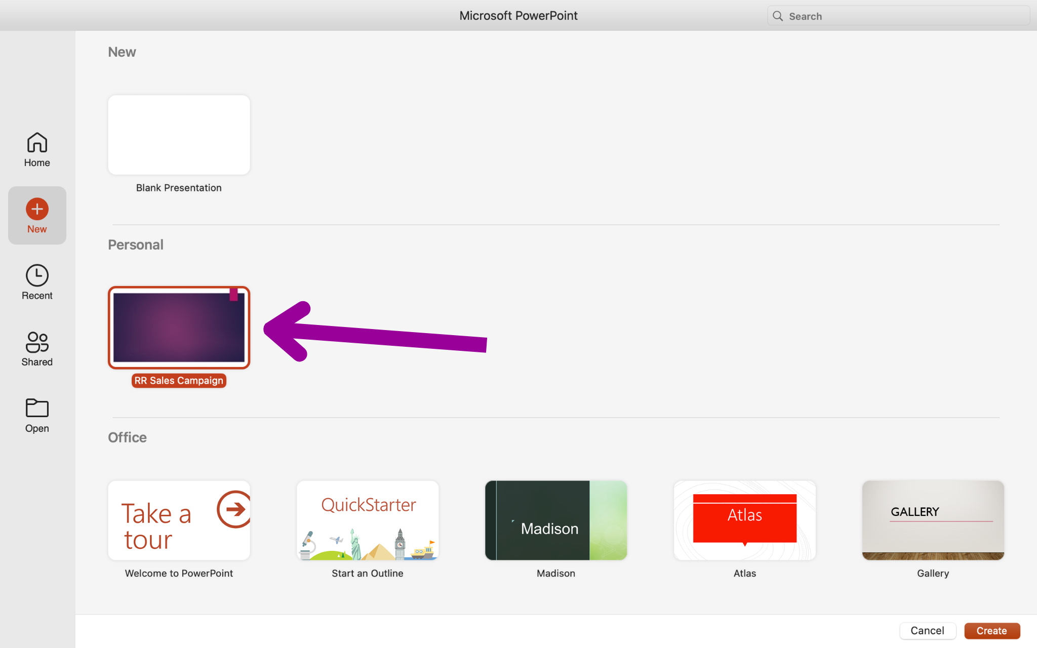 A Microsoft Powerpoint backstage view is open. A magenta arrow is pointing at a previously made powerpoint.