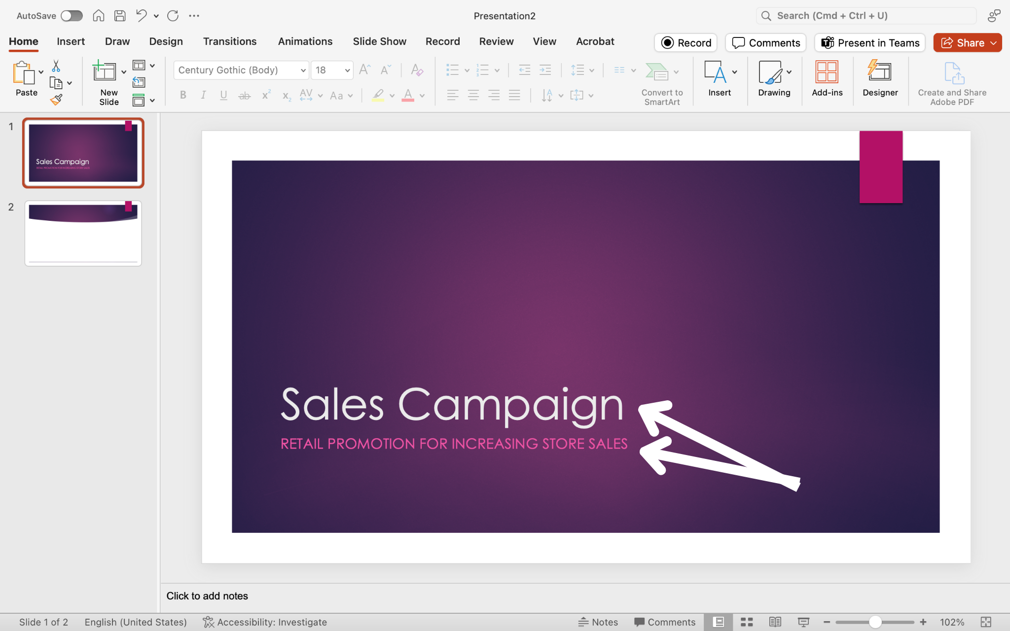 A Microsoft Powerpoint for a sales campaign is displayed. There are two white arrows, one pointing at the title and the other at the subtitle.
