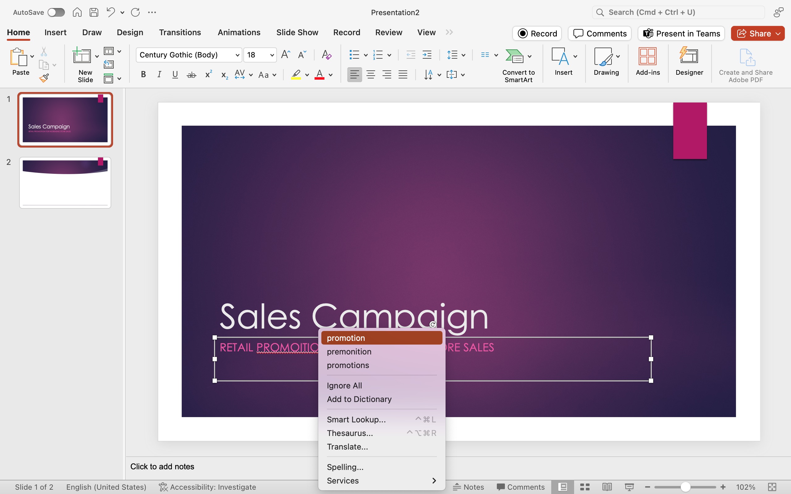 A Microsoft Powerpoint for a sales campaign is displayed. A word has been misspelled in the subtitle section so a dropdown menu has opened up showing possible solutions.