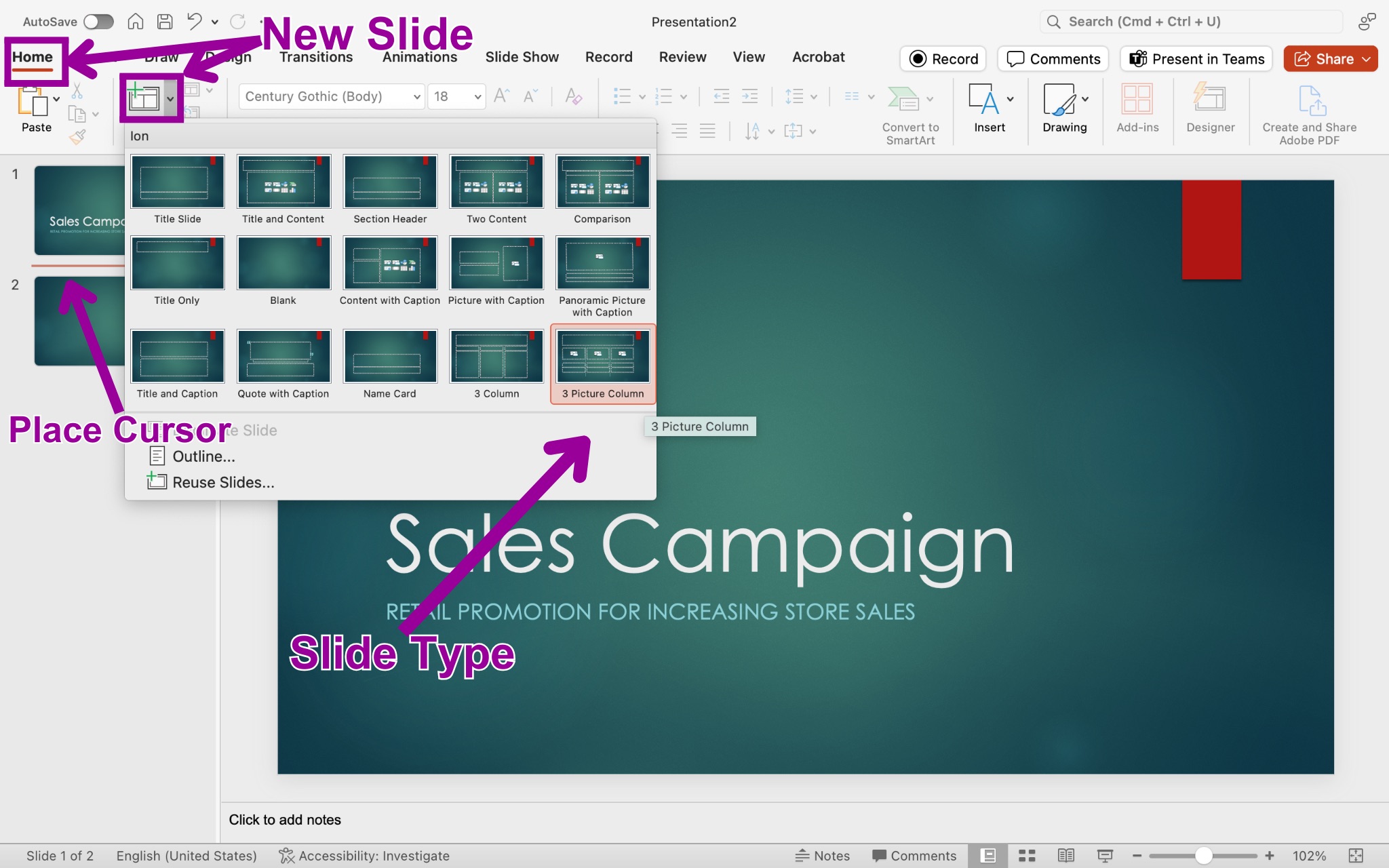 A Microsoft Powerpoint for a sales campaign is displayed. There are three magenta arrows pointing at where to place the cursor, where to insert a new slide, and what slide type you want to have inserted.