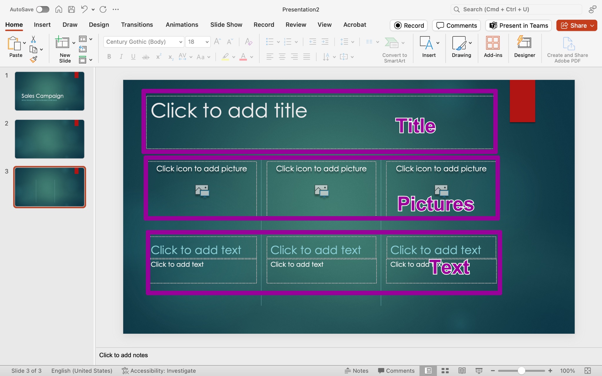 A Microsoft Powerpoint for a sales campaign is displayed. A new slide has opened up. Three magenta boxes highlight the new features of the slide. The top box shows where the title goes, the middle box shows where to insert pictures into the powerpoint, and the third shows where to insert text.