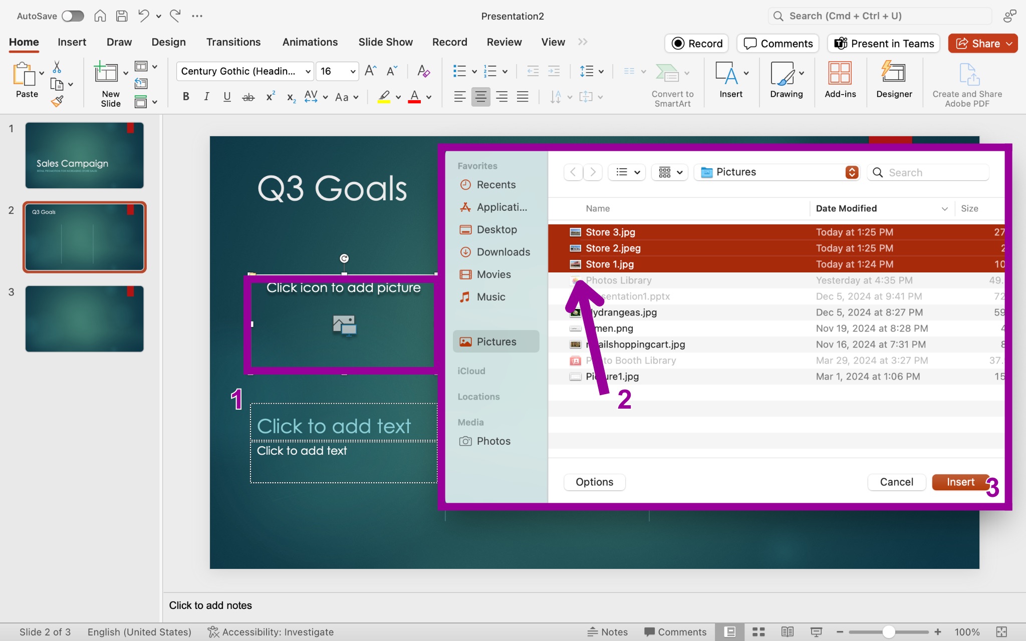 A Microsoft Powerpoint for a sales campaign is displayed. There are two magenta boxes showing where to insert a picture and the finder menu showing the pictures that have been stored on the computer.
