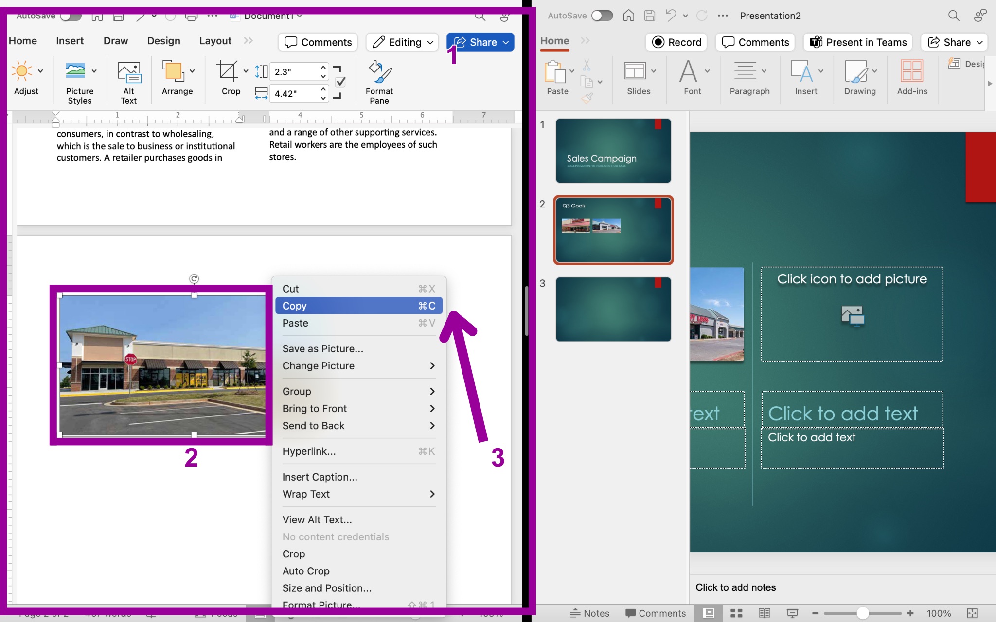 A Microsoft Powerpoint for a sales campaign is displayed with a microsoft word document directly to its left. There are three magenta numbers displayed. The first is showing that the word document has been opened, the second shows how to find the picture and the third represents how to copy that picture.