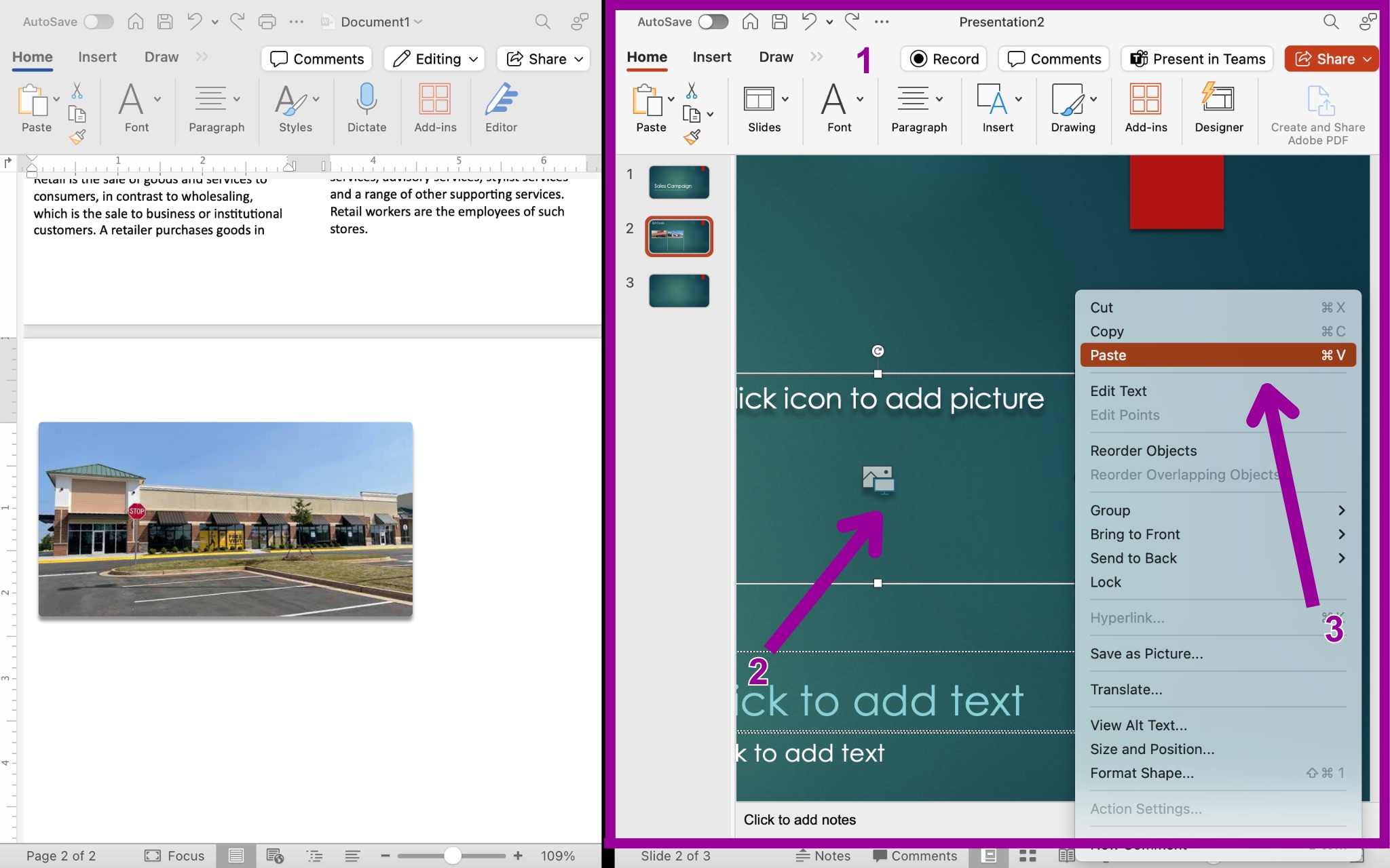 A Microsoft Powerpoint for a sales campaign is displayed with a Microsoft Word document directly to its left. There are three magenta numbers displayed. The first is showing that the PowerPoint document has been opened, the second shows the text box to insert the picture and the third represents how to paste that picture.
