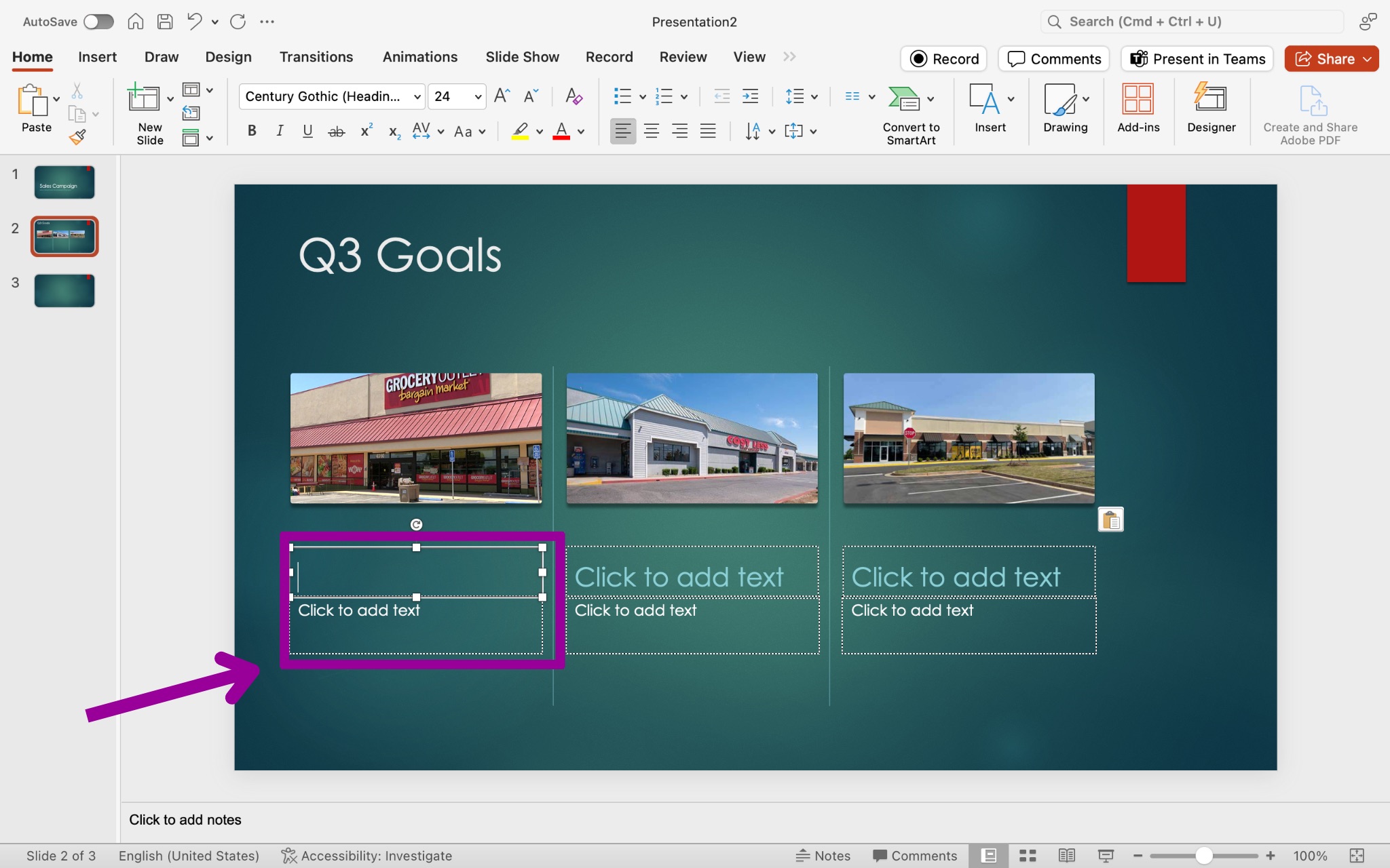 A Microsoft Powerpoint for a sales campaign is displayed. A magenta box shows where to insert text.