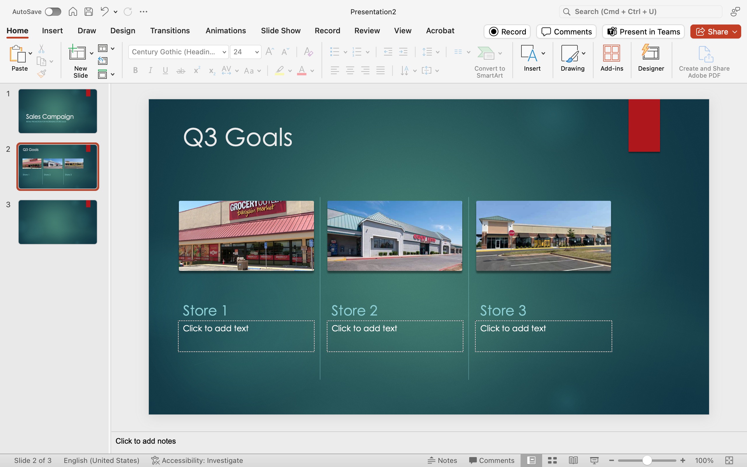 A Microsoft Powerpoint for a sales campaign is displayed with the title of Q3 goals, there are three pictures in this slide.