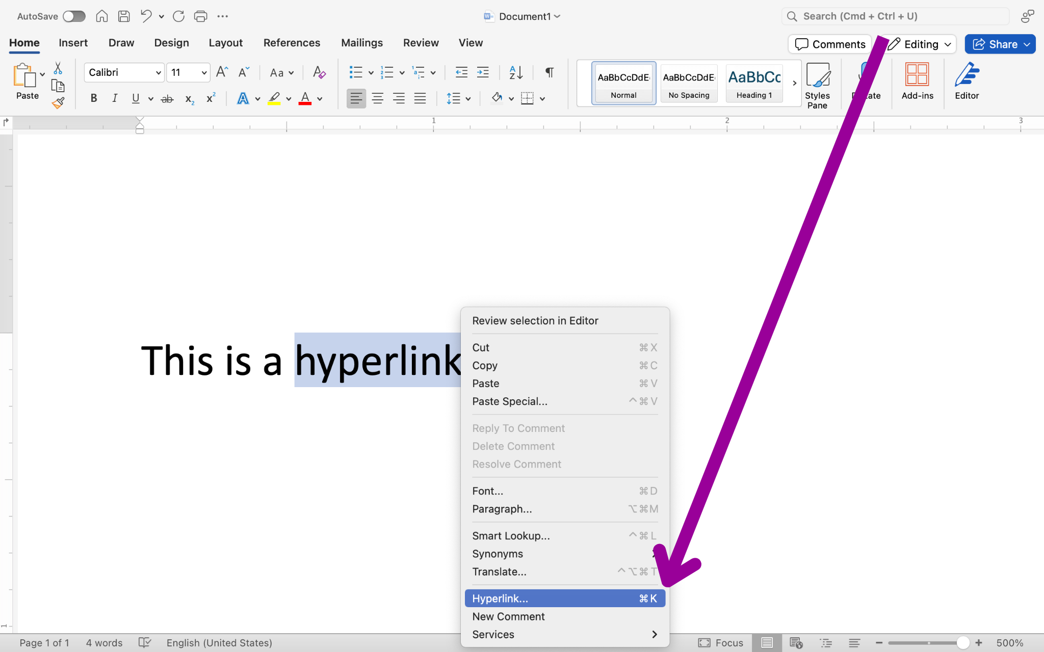 A Microsoft Word document is open with one sentence of text on it. The last word in the sentence has been double clicked which has lead to a new dropdown menu. There is a large magenta arrow pointing to a feature on the dropdown menu labeled "Hyperlink".