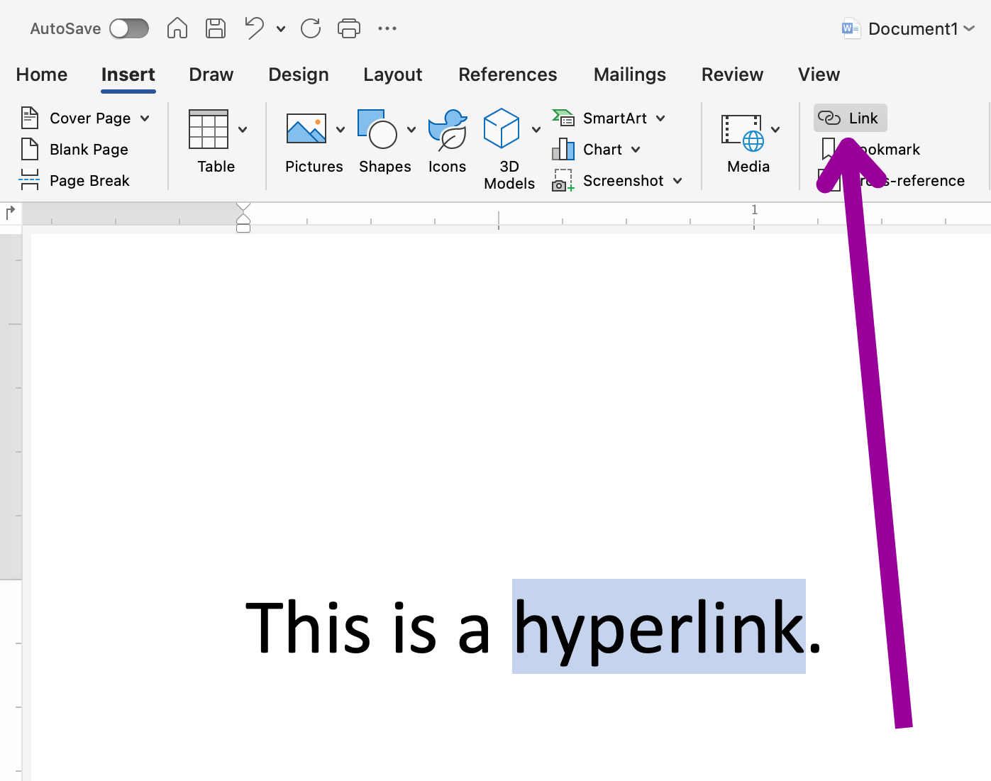 A zoom in of the ribbon menu on a Microsoft Word document is open. The "Links" tab has been selected opening up a new dropdown menu. A magenta arrow is pointing to a the highlighted "Link" option on the new dropdown menu.