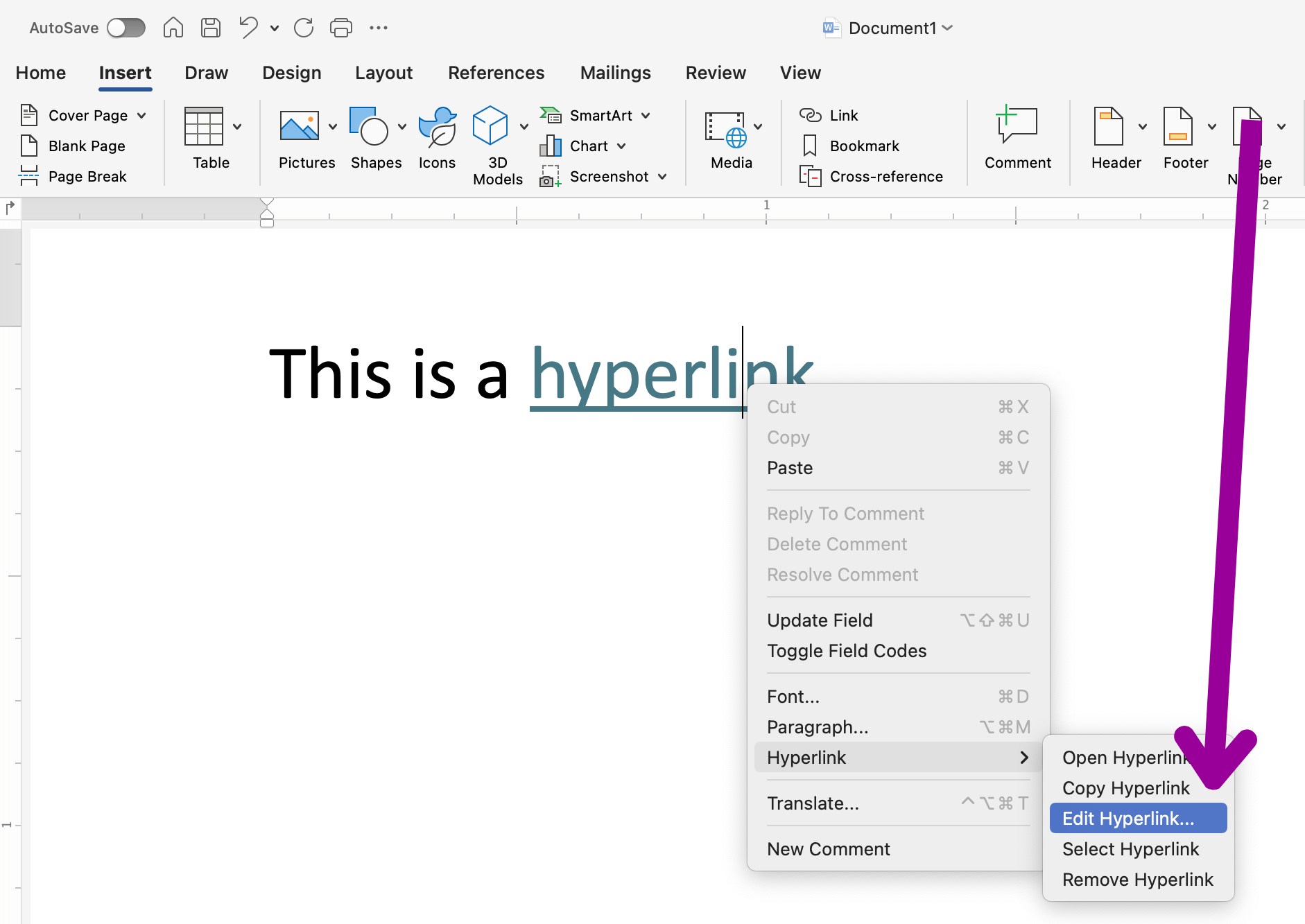 A sentence that has a blue hyperlink inserted on the last word. A magenta arrow is pointing to a new dropdown menu that came from the hyperlink. The arrow is pointing at the option to "Edit Hyperlink".
