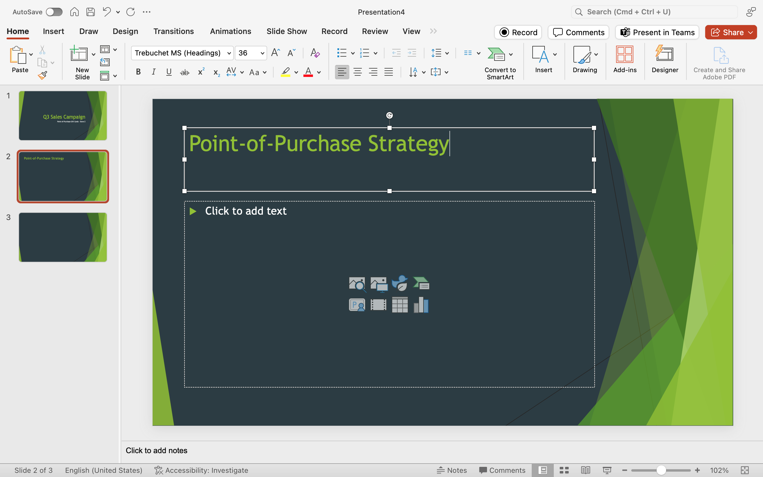 A Microsoft Powerpoint is open for a sales campaign. It is on the second slide of the powerpoint and a title has been entered.