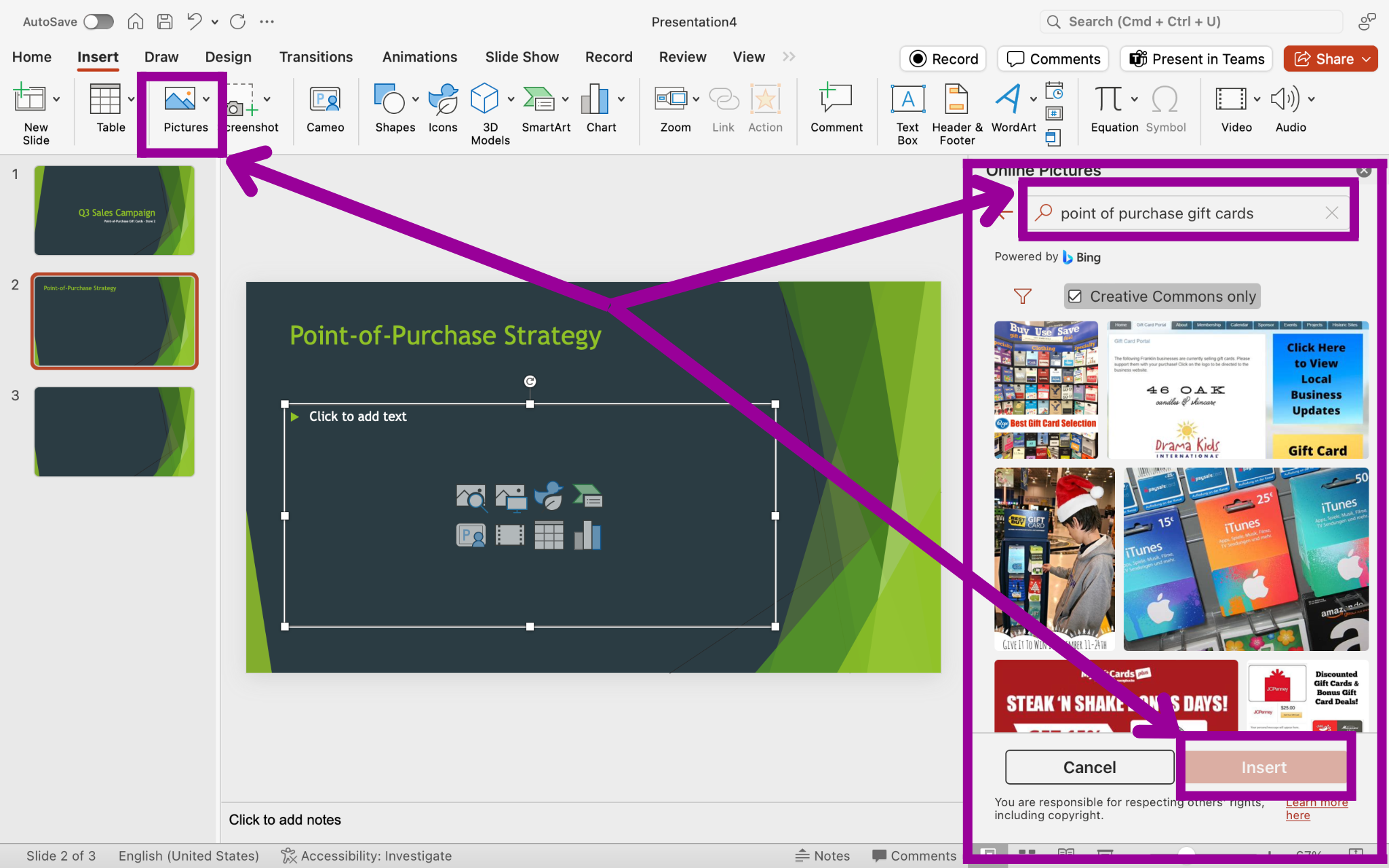 A Microsoft Powerpoint is open for a sales campaign. It is on the second slide of the powerpoint. A bing search for point of purchase gifts has been entered and is displayed in front of the powerpoint.