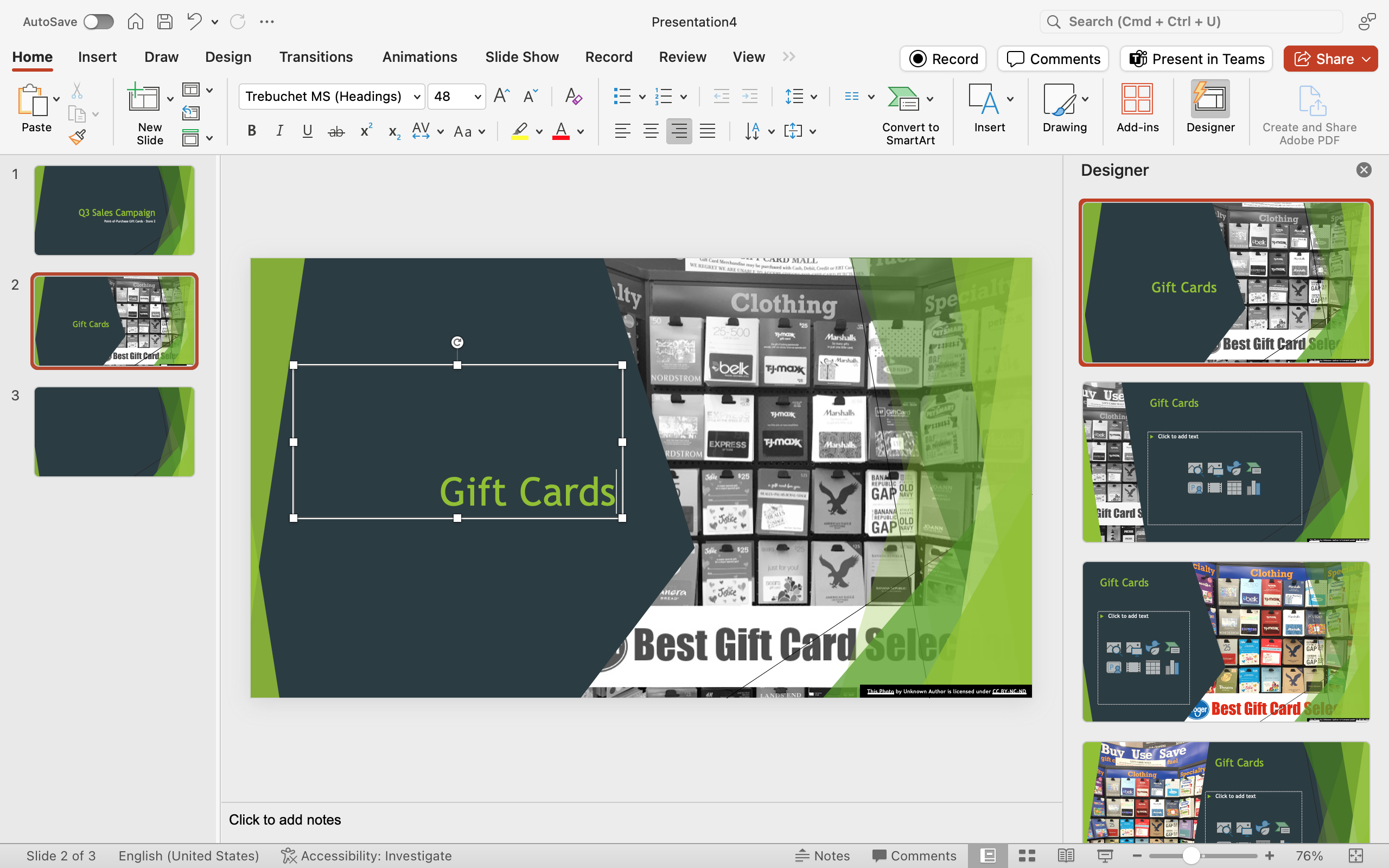 A Microsoft Powerpoint is open for a sales campaign. It is on the second slide of the powerpoint and it has been formatted in a way that shows the image has been converted into the background.