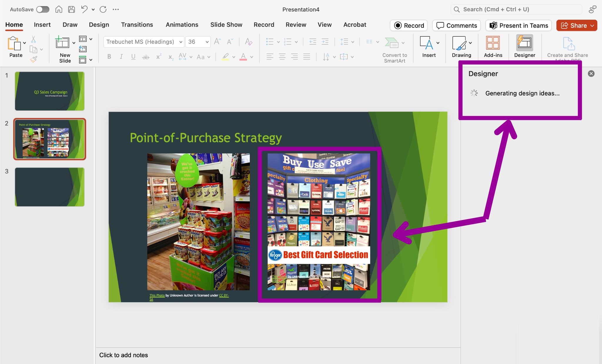 A Microsoft Powerpoint is open for a sales campaign. It is on the second slide of the powerpoint and two images stand next to one another. Two magenta arrows show that a design idea has been entered on this slide.
