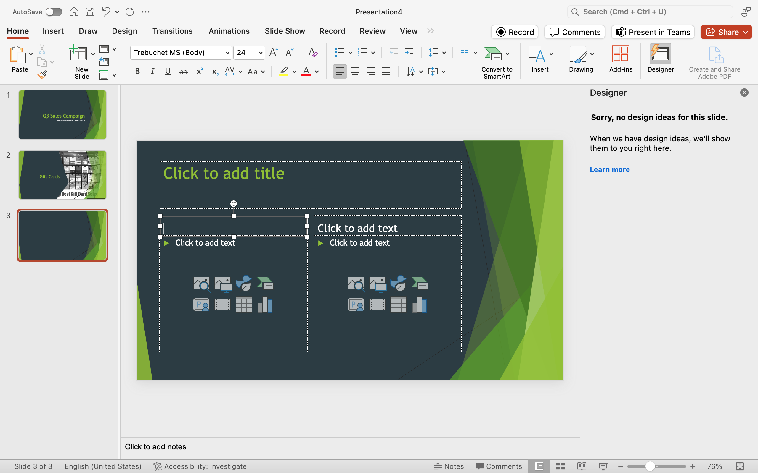 A Microsoft Powerpoint is open for a sales campaign. It is on the third slide of the powerpoint