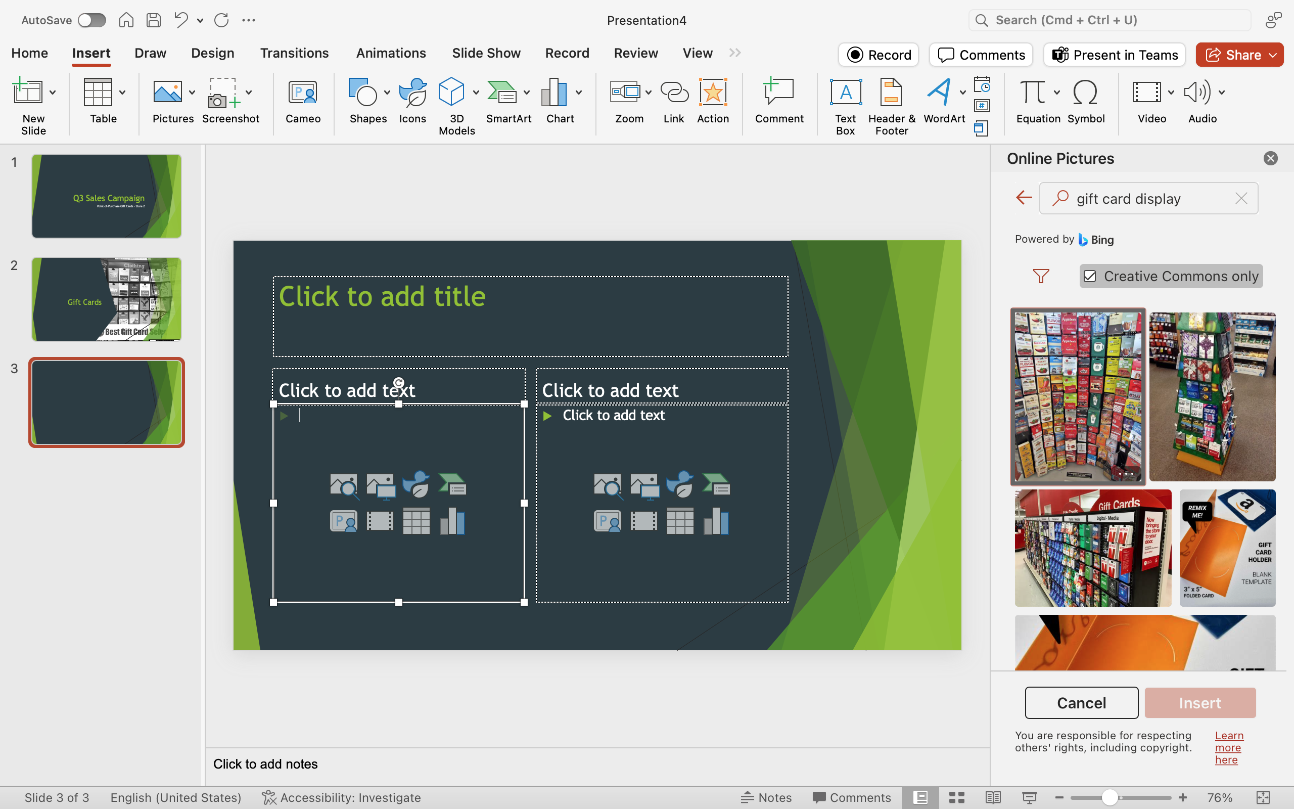 A Microsoft Powerpoint is open for a sales campaign. It is on the fourth slide of the powerpoint and a bing search for gift card display has been entered. The bing search is shown in front of the powerpoint.