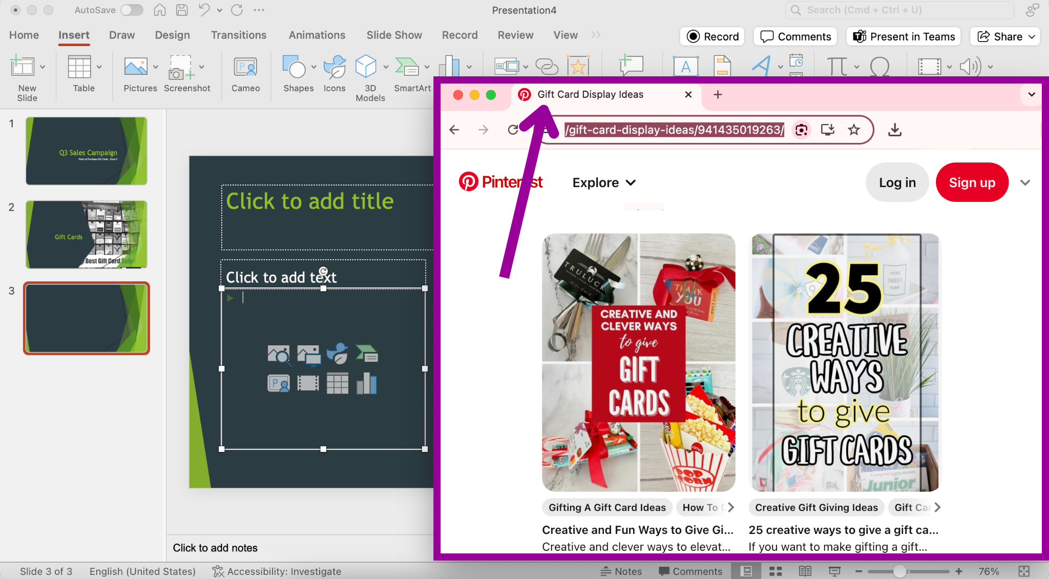 A Microsoft Powerpoint is open for a sales campaign. It is on the fourth slide of the powerpoint and a Pinterest search for gift card displays has been entered. The Pinterest search is shown in front of the powerpoint and there is a green arrow pointing at the entered search.
