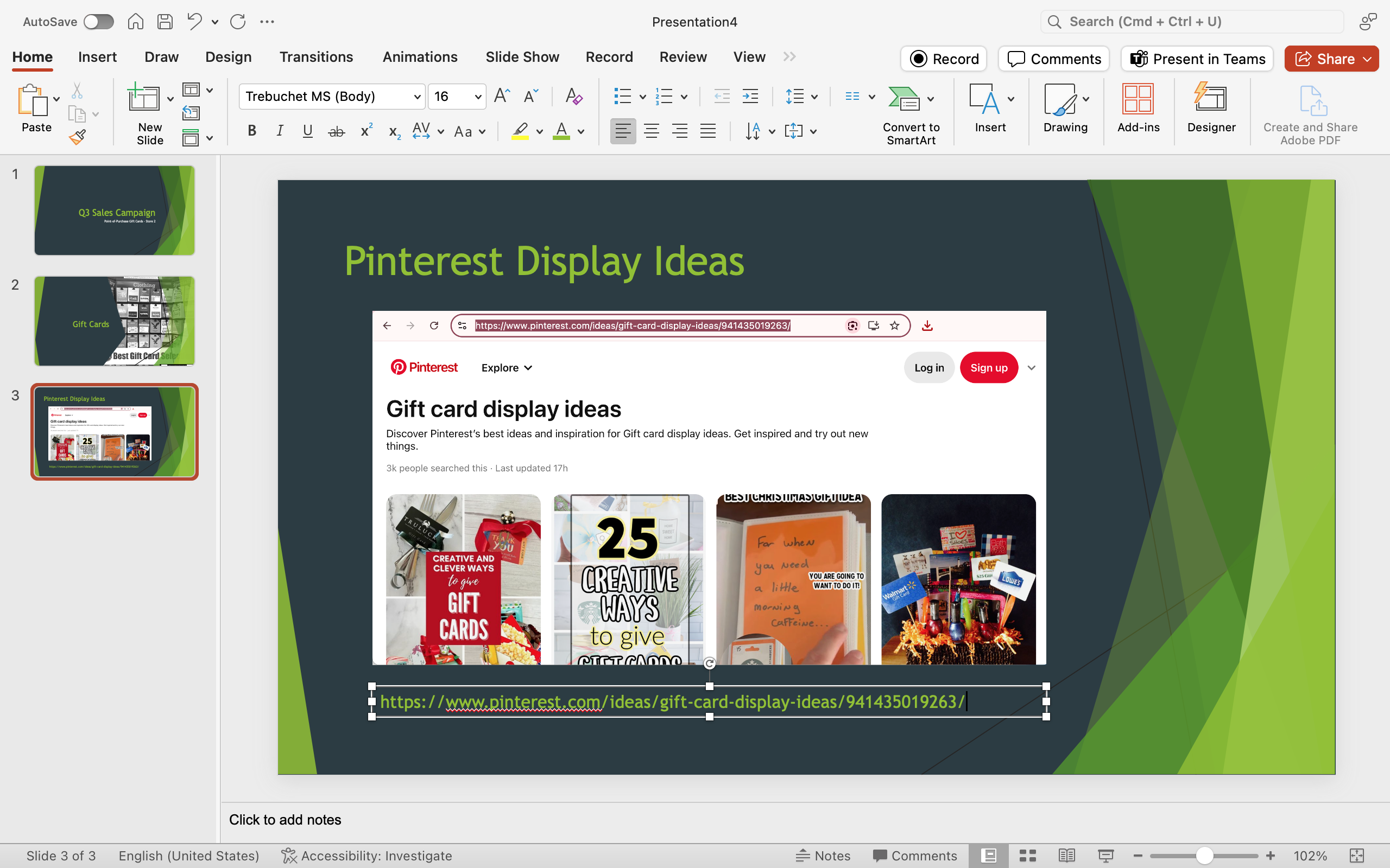 A Microsoft Powerpoint is open for a sales campaign. It is on the fourth slide of the powerpoint and a screenshot of the pinterest search is displayed on the slide as well as the link to the page.