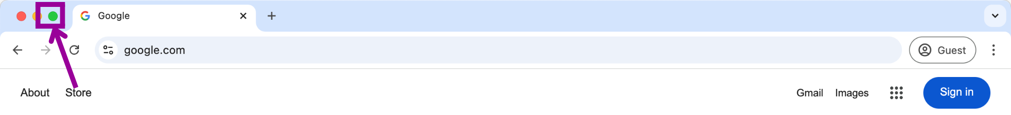 A browser with a magenta arrow pointing at a magenta box which shows how to maximize the page.