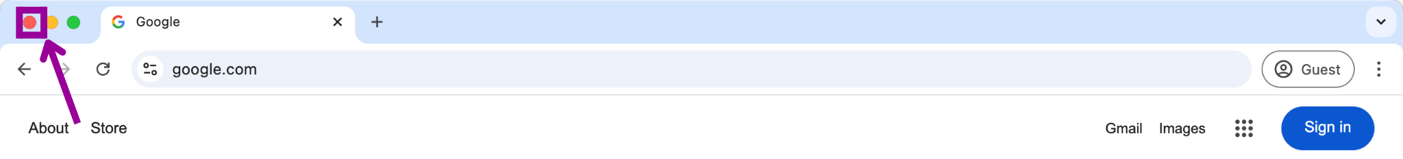 A browser with a magenta arrow pointing at a magenta box which shows how to close the page.