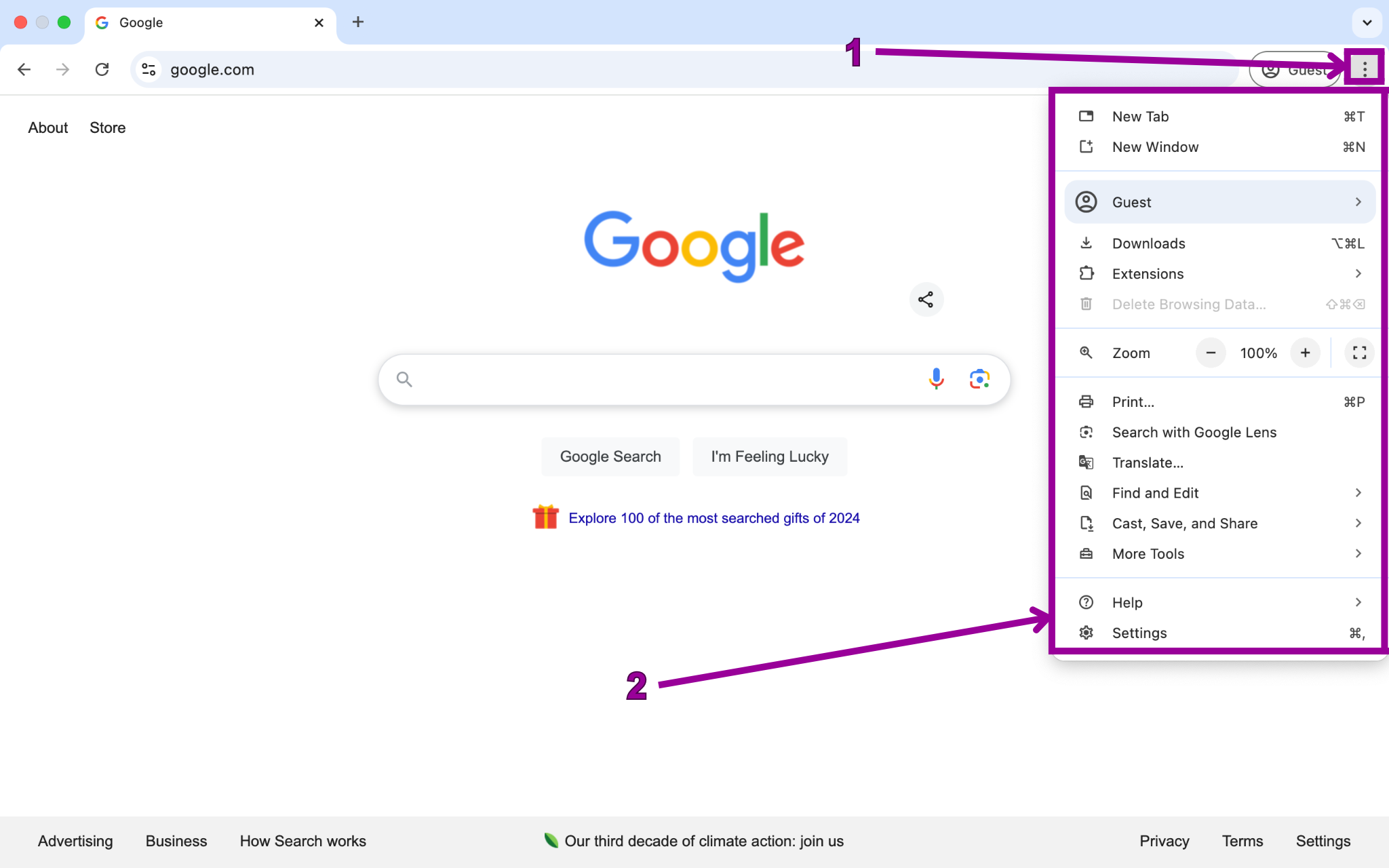 A browser with a magenta arrow pointing at a magenta box which shows how to open the dropdown menu.