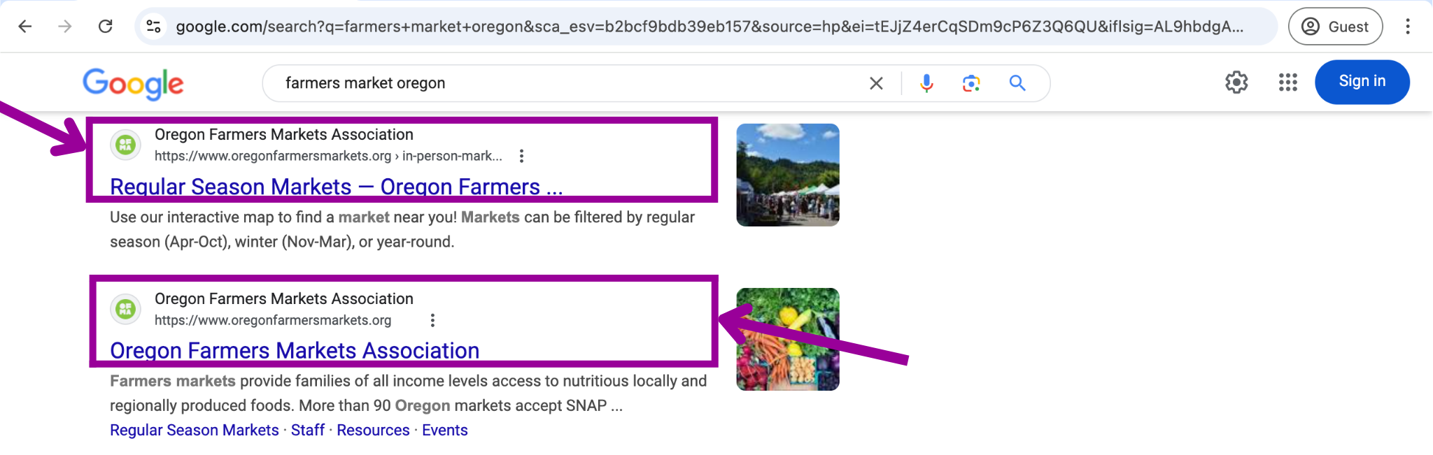 A browser that has run a search and returned several results. There are two magenta arrows and two magenta boxes highlighting the top two search results.