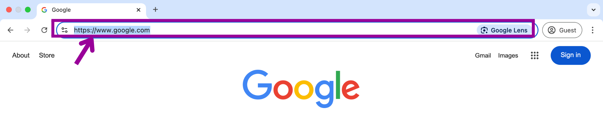 The Google home URL is in the address bar. There is a magenta arrow pointing at the address bar which is highlighted by a magenta box.