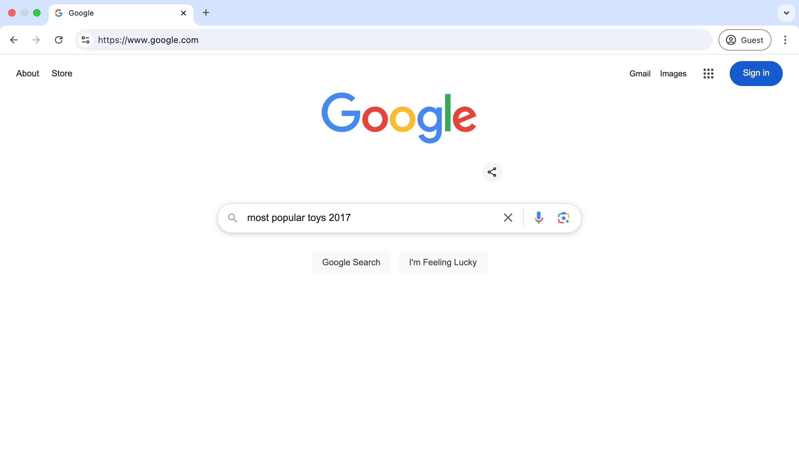 The Google search engine is open, with a search for, "Most popular toys 2017" entered in the search box.