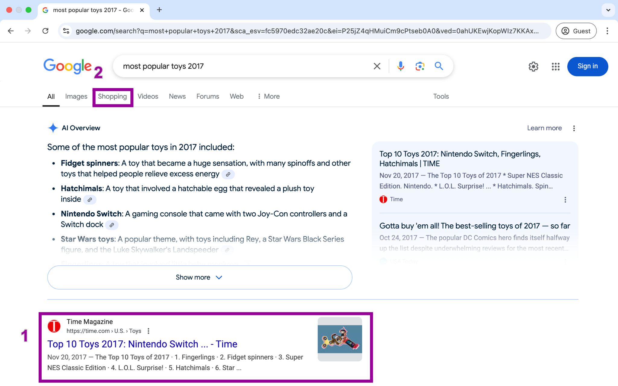 The Google search engine is open, with a search for, "Most popular toys 2017" entered in the search box. A magenta box surrounds all of the search results. On the right side of the page is another magenta box showing options to shop in the google store.