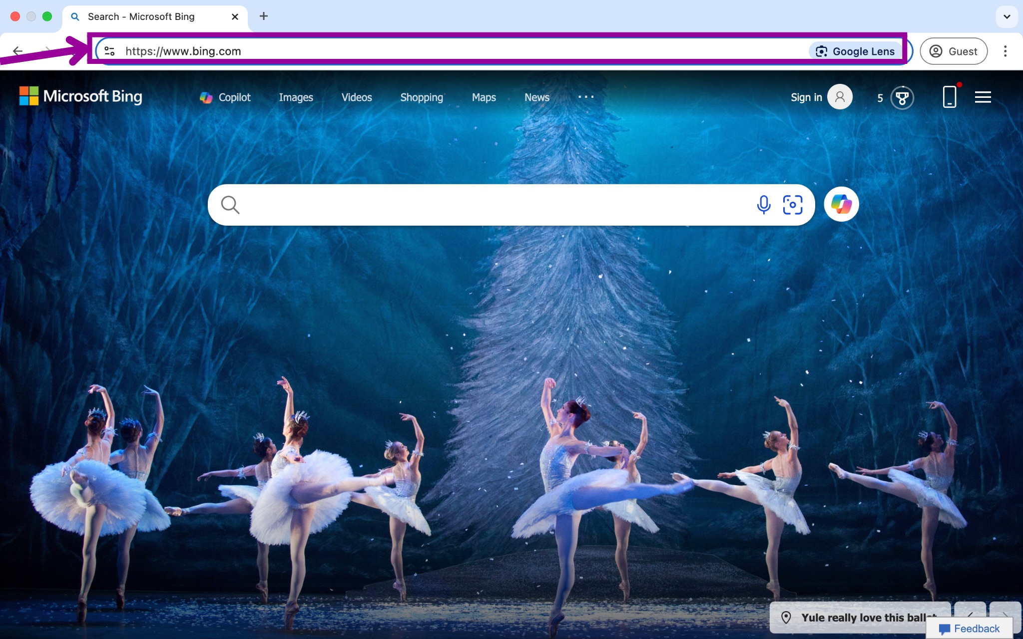 The Bing home URL is in the address bar. There is a magenta arrow pointing at the address bar which is highlighted by a magenta box.